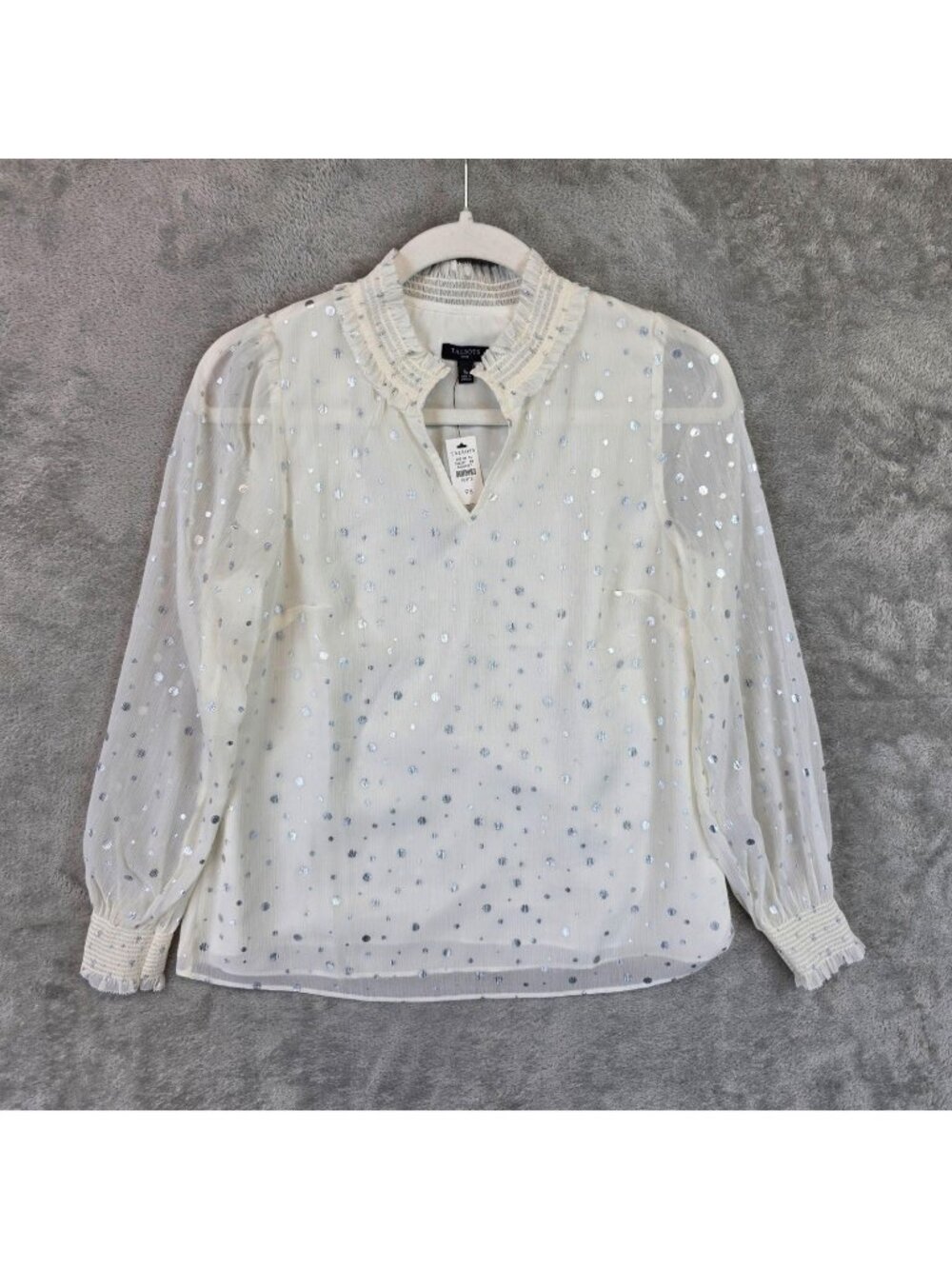 Talbots Blouse Womens PS White V Neck Long Puff Sleeve Sequin Polka Dot Top
